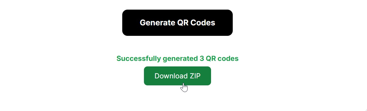 QR code generation complete — download ZIP button with generated codes ready