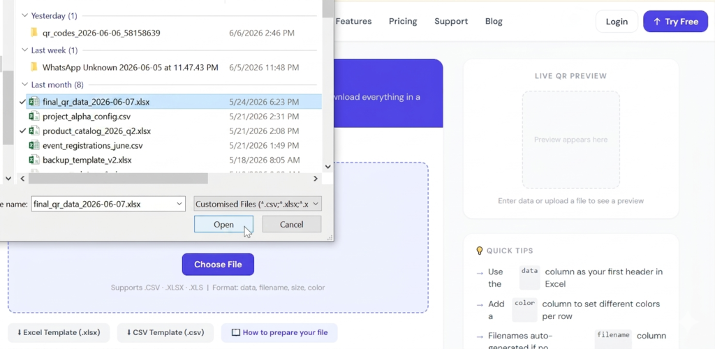 Selecting an Excel file for bulk QR code generation