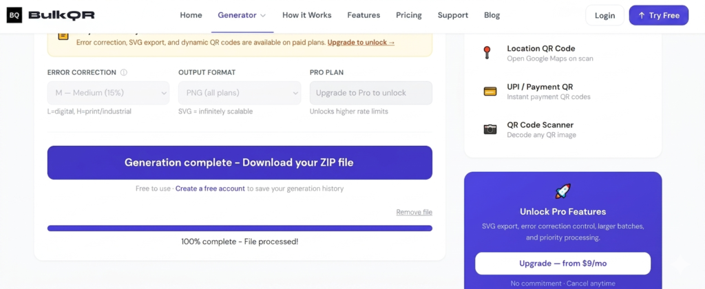 Bulk QR code generation in progress with processing status bar