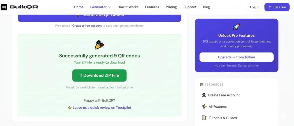 Bulk QR code generation completed with ZIP file download ready