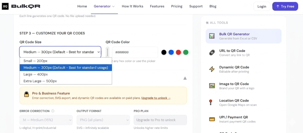 Customizing QR code size and color settings before generation